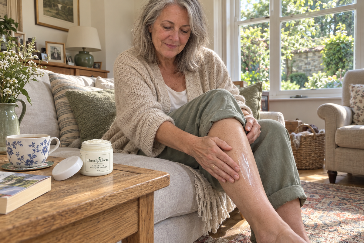 Applying Dorothy Bloom lotion as part of a daily body-care routine
